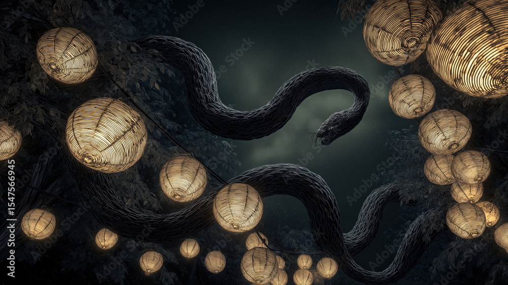 Poster Mystical scene features obsidian serpent weaving through air amidst glowing lanterns, creating enchanting atmosphere in dark forest. interplay of light and shadow adds to surreal ambiance