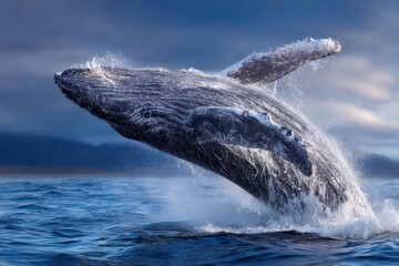 Naklejka premium Majestic humpback whale breaches the surface in ocean waters during the morning light
