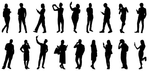 People using phones collection silhouette - Set of character illustrations with men and women talking and using smartphones while standing and walking.