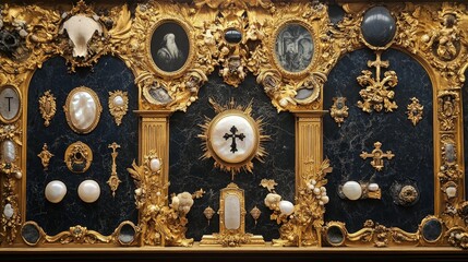Ornate display featuring crosses portraits and gold embellishments against a dark background.