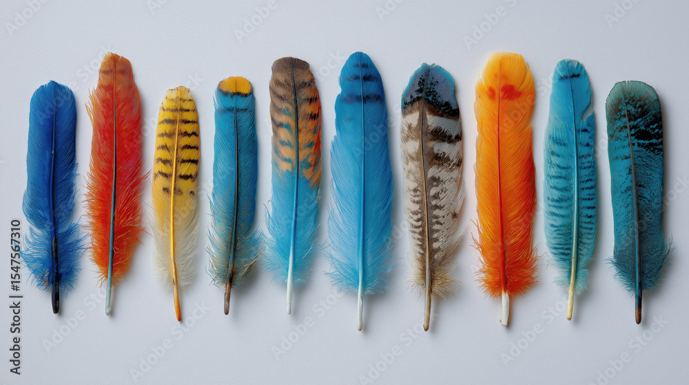 Poster Colorful feathers arranged in row display vibrant spectrum from blues to oranges and soft pastels, creating visually striking and harmonious composition