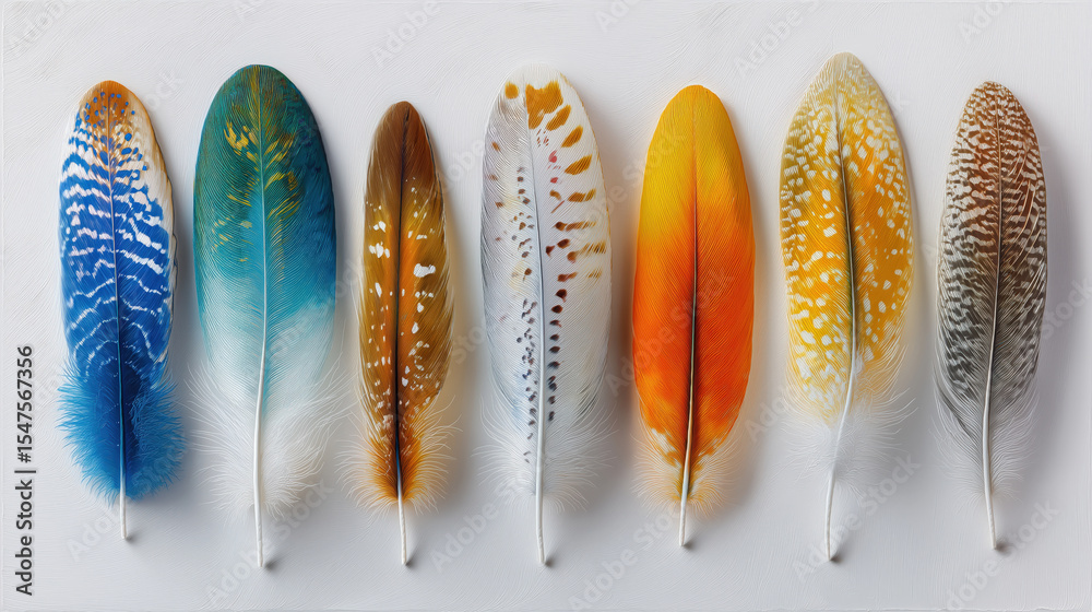 Aufkleber colorful feathers arranged in row display spectrum from vibrant blues to rich oranges and soft paste