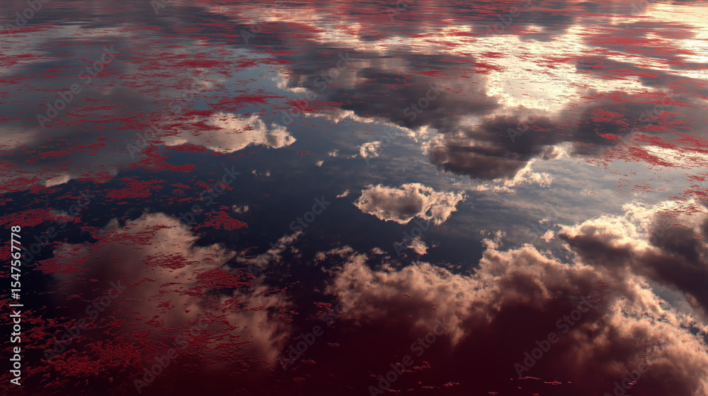 Aufkleber Dramatic sky with clouds is reflected on surface of dark water, creating surreal and fragmented mirror effect. reddish hue adds intense and mysterious atmosphere
