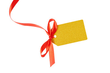 golden glitter shiny gift name tag with red ribbon bow isolated on white or transparent png