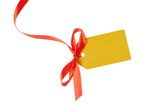 golden glitter shiny gift name tag with red ribbon bow isolated on white or transparent png