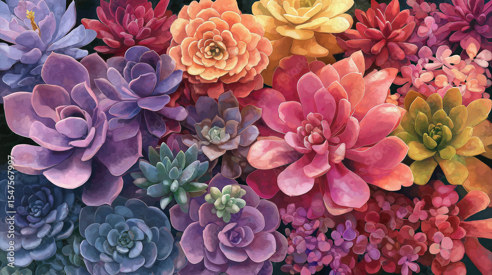 Fototapete Vibrant array of colorful succulents showcases spectrum of hues, creating cheerful and lively composition. diverse shapes and sizes of plants add to visual interest