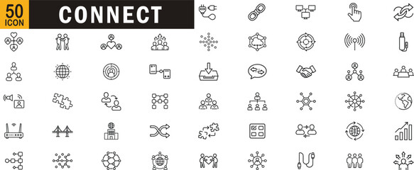 Connect editable outline icon set. Communication network social link team collaboration data exchange interaction people.
