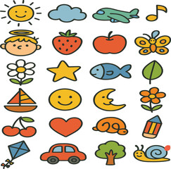 Whimsical illustrated collection of colorful and playful hand drawn icons and symbols