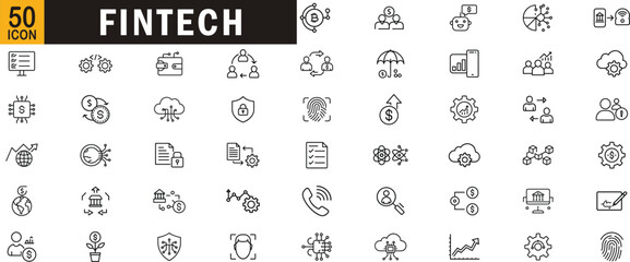 Fintech outline icon set. Digital finance technology, blockchain, banking, investment, cybersecurity.
