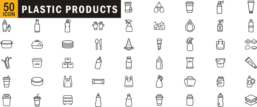Plastic products editable outline icon set. Packaging bottle container straw bag utensil single-use item plasticware.
