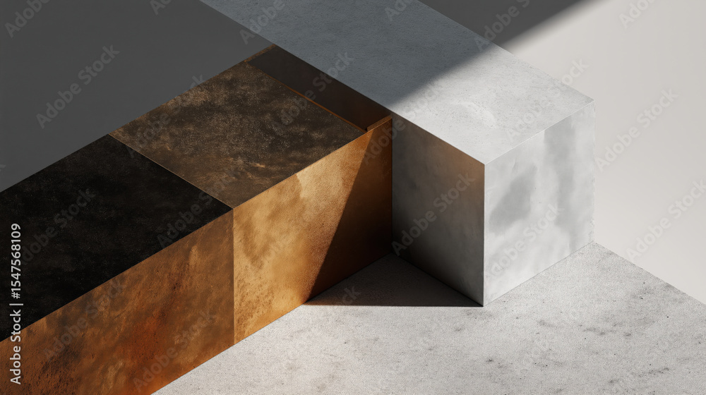 Poster minimalist composition featuring three textured cubes in contrasting materials dark stone, metallic 