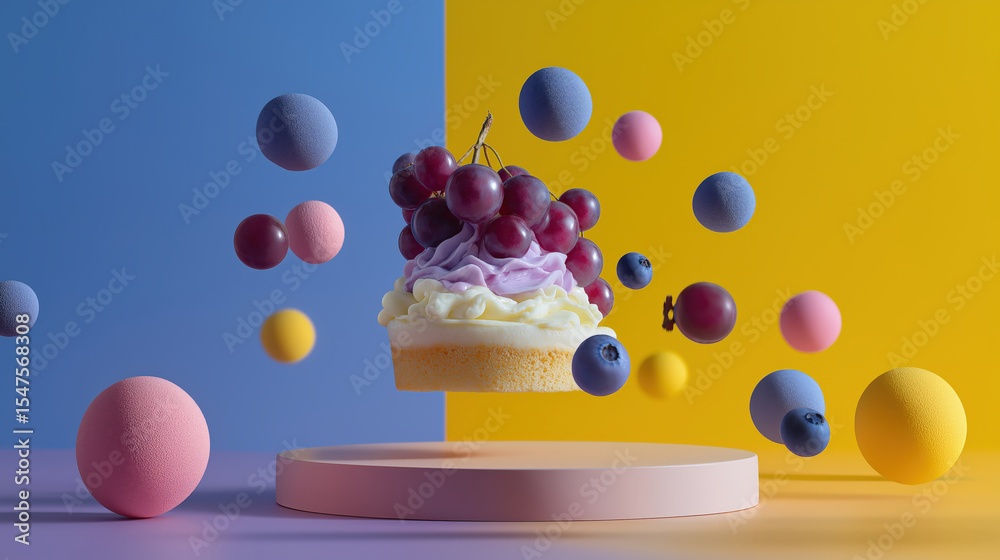 Poster Cupcake with vibrant frosting and grapes levitates amid colorful spheres against split blue and yellow background, creating playful and dynamic scene