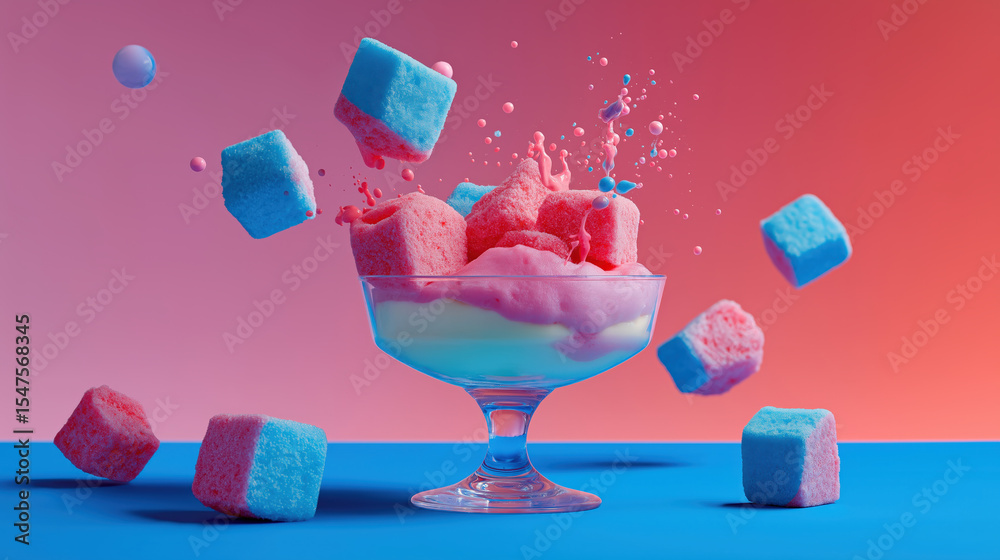 Poster vibrant display of pink and blue marshmallows levitating around glass bowl filled with colorful foam