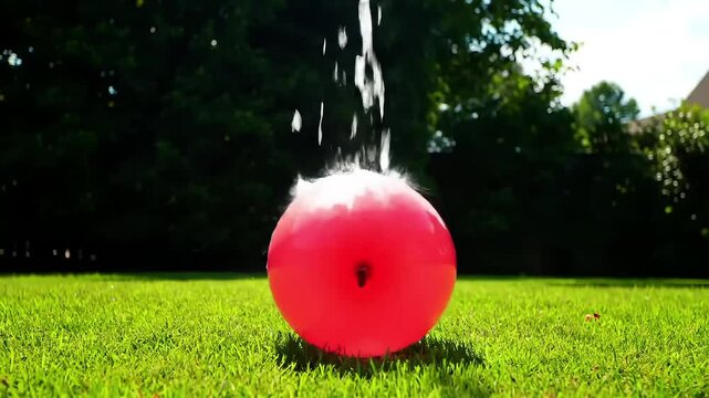 Pink water balloon bursting and splashing on green grass in sunlight   - Powered by Adobe