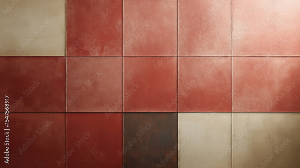 Poster Wall of square tiles features subtle matte surface with bold color contrasts, primarily in shades of red and beige, creating warm and inviting atmosphere