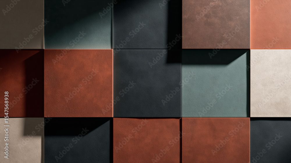 Leinwandbilder Geometric pattern of square tiles in various shades of red, black, and teal creates modern and bold visual effect. subtle matte surface of tiles adds texture and depth to composition