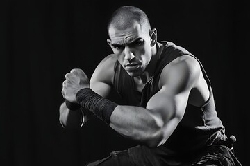 Fighter in the shadows: A focused and determined athlete, honed by years of training, prepares for combat, embodying strength, discipline, and the spirit of martial arts.