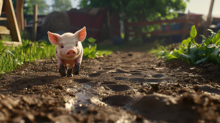 A baby piglet exploring a farmyard, with muddy hoof-prints trailing behind it on the ground 