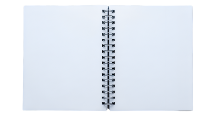 A top-view of an open spiral-bound notebook with white pages.