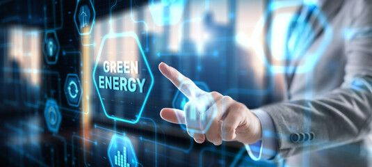 Businessman clicks Green eco energy icons. Reducing environmental risks