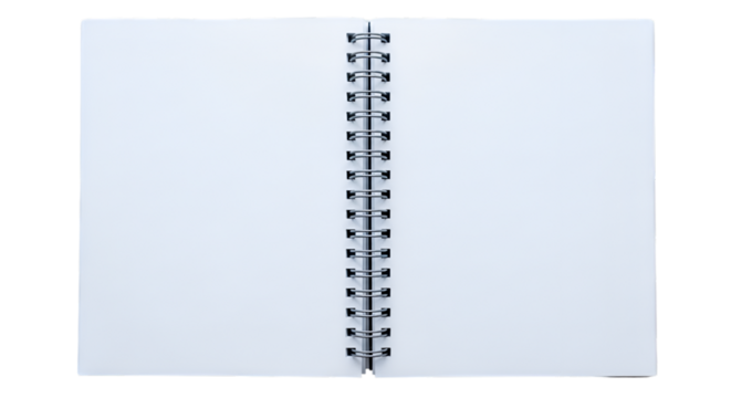 A top-view of an open spiral-bound notebook with white pages.