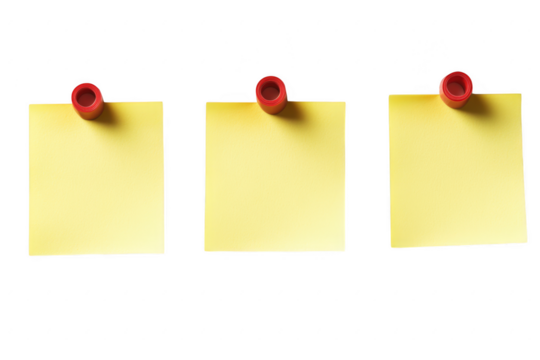 Three yellow sticky notes with red push pins isolated on transparent background