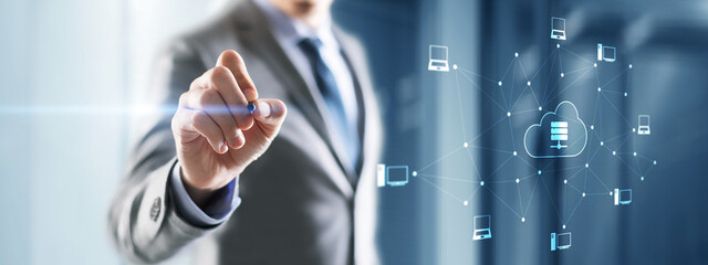 Digital technology data exchange cloud computing global business concept. Cloud computing on a...