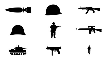 black military icon set vector silhouettes of guns tanks soldiers helmets weapons design bundle