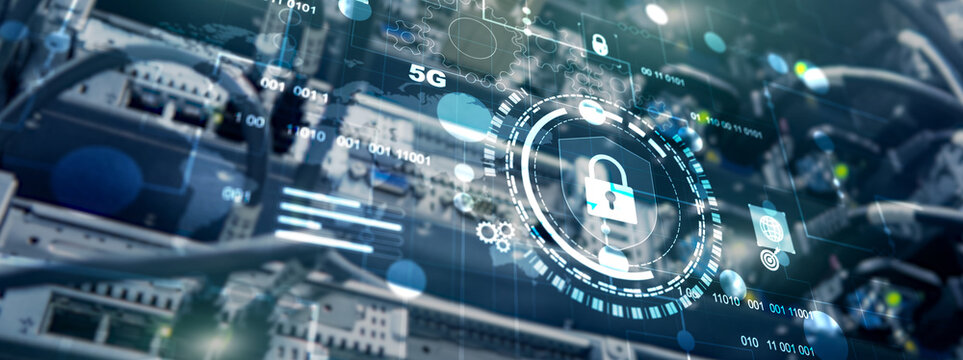 Cyber protection shield icon on server room background. Information Security 2025