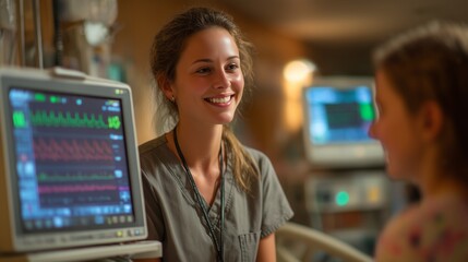 Friendly female nurse attentively interacting with a young patient while monitoring vital signs on medical equipment in a warm hospital setting.