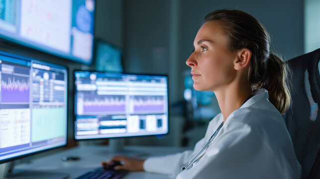 Focused female doctor analyzing patient vital signs and medical information on multiple computer screens in a modern hospital setting.