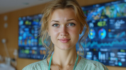 Smiling doctor in green scrubs with necklace, standing against vibrant medical monitors displaying charts. Modern clinic setting, blue and green tones, warm and professional atmosphere.