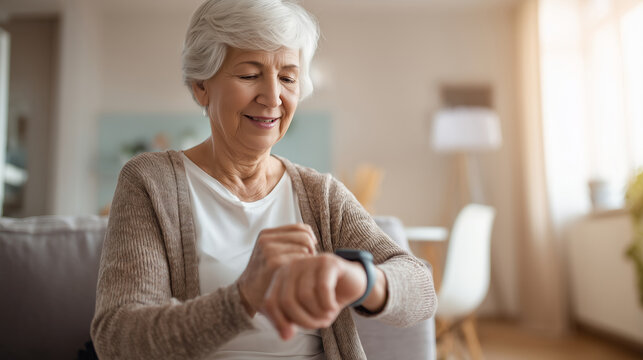 Modern elderly patient wearing a smartwatch and fitness tracker, sitting in a cozy home environment, checking pulse data on a smartphone - Powered by Adobe