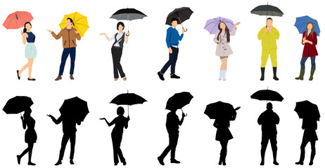 People with umbrella in rainy day. Man and woman in raincoat under rain vector flat characters isolated