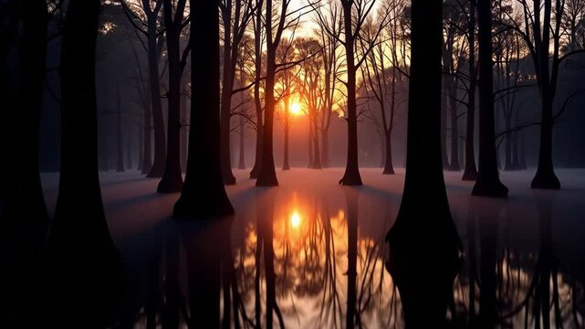 Enchanted Sunset: Silhouetted Trees Mirrored in Still Water, Ideal for Fantasy, Nature, or Meditation Designs