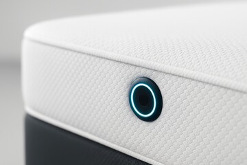 Close-up of a smart bed sensor integrated into the side of a mattress. The device features a glowing blue circular indicator, symbolizing advanced sleep and health monitoring technology
