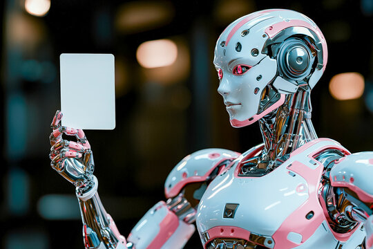 Futuristic humanoid robot holding blank sign in a high-tech environment
