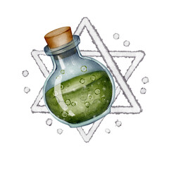 Magic potion bottle filled with green liquid and cork stopper. This is a drawing created with watercolor technique. White background. Ideal for fantasy illustrations, games, and book designs.