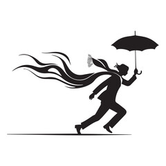 Silhouette of a man running in the wind with an umbrella