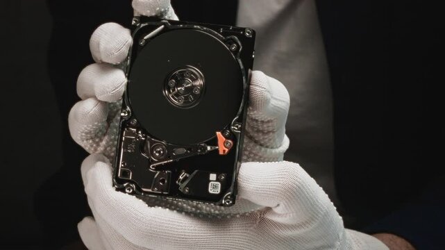 Close-up of opened hard drive held by technician in white gloves, revealing magnetic platters, read write head, and internal components during professional data recovery process.