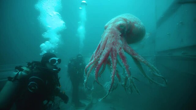 Diver underwater exploring giant squid in murky ocean water with bubbles rising surrounded by mysterious deep sea aquatic marine life exploration
