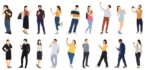 People using phones collection - Set of character illustrations with men and women talking and using smartphones while standing and walking. Flat design vector on white background 