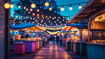 Fototapeta premium Evening scene of a vibrant and illuminated street food market with glowing string lights creating a cheerful atmosphere