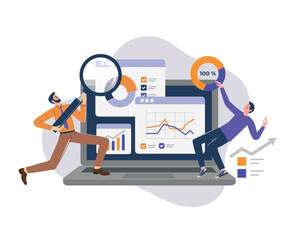 Business analytics concept with people analyzing charts and statistics on a laptop screen. Teamwork, data visualization, performance metrics, and growth strategy. Flat vector illustration.