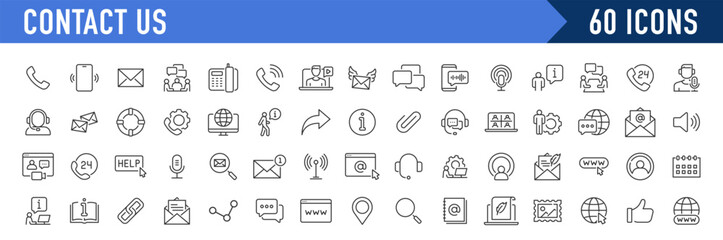 Contact Us web icons in line style. Web and mobile icon. Chat, point, chat, support, message, phone, globe, call, info collection. Vector illustration.