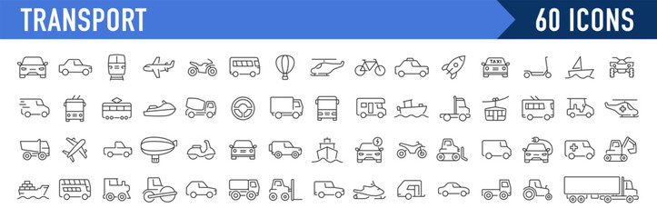 Transport and vehicle web icons in line style. Cars, airplane, bus, parking, travel, train, bike, scooter, truck, helicopter, collection. Vector illustration.