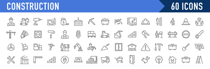 Construction web icons in line style. Building, engineer, business, road, repair tools, equipment, helmet, crane, builder, industry collection. Vector illustration.