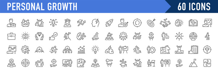 Personal growth web icons in line style. Growth profit, career progress, business people, strategy, coaching, tutorship, collection. Vector illustration.