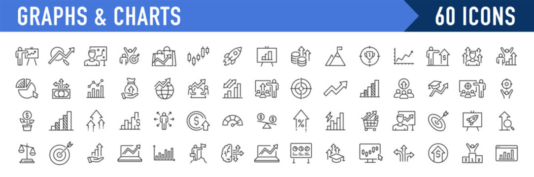 Graph and Charts web icons in line style. Graphics, infographic, statistics, data, diagrams, economy reduction, finance, down or up arrow, business, increase, decrease. Vector illustration.