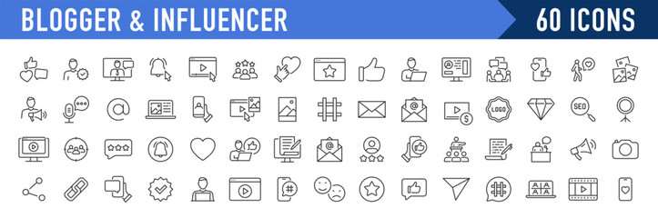 Blogger and Influencer web icons in line style. Blog, monetization, personal brand, video, likes, social media, collection. Vector illustration.